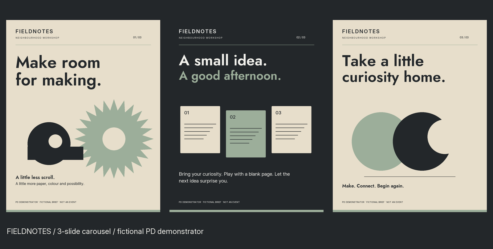 FIELDNOTES: three social media images for a fictional creative workshop